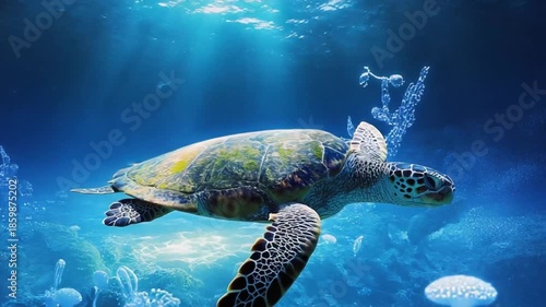 Wallpaper Mural Green sea turtle gracefully swims in deep blue ocean, surrounded by surreal glowing jellyfish and sunbeams. Torontodigital.ca