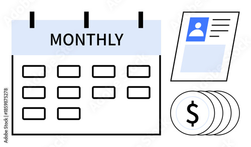 Subscription concept. Monthly calendar, user profile, and payment icons recurring billing and account management. Subscription services reflect convenience, budgeting, account tracking, financial