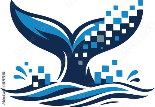 Graphic illustration of a whale tail depicting its emergence from water with a digital pixelated effect for technology and marine concepts