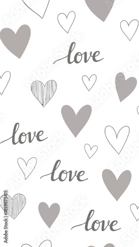 Repeating pattern of gray hearts and love text on white background.