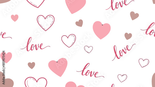 Seamless pattern of pink hearts and love text on white background.