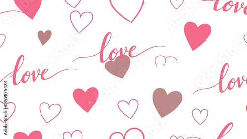 Seamless pattern of hearts and love text in various pink shades.