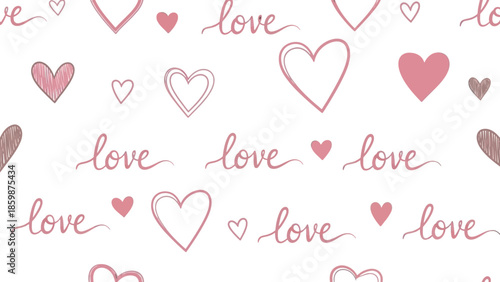 Hand drawn red hearts and love text on white background.
