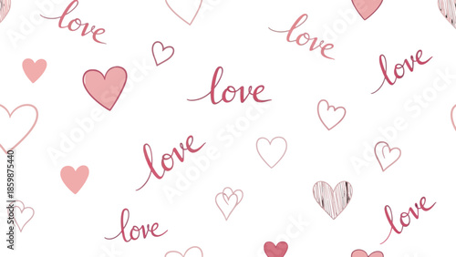 Valentine's Day background with hearts and love text in various styles.