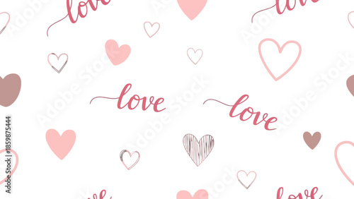Seamless pattern with hearts and love text in pastel colors.