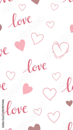 Seamless pattern of hearts and love text in pink shades.