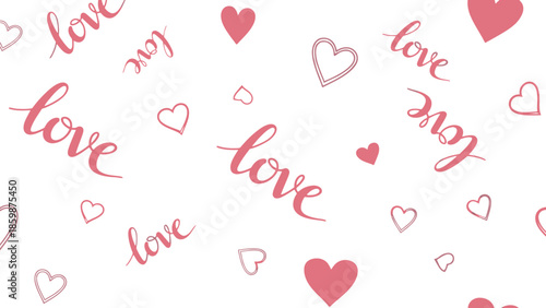 Romantic pattern with love words and hearts in red on white background.