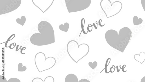 Gray and white heart pattern with love text on white background.