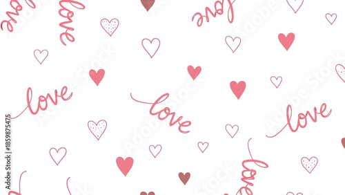 Repeating pattern of red hearts and love text on white background.