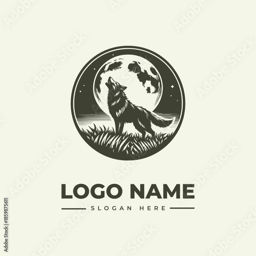 A monochromatic illustration of a wolf howling at a full moon, surrounded by a circular border with a grassy foreground and night sky, accompanied by a placeholder logo name and slogan.