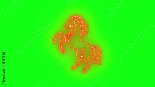 View of Horse glow neon light trails motion isolated on green screen background. Horse Lunar year Symbol on 2026.