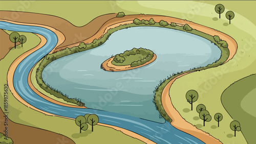 A vibrant cartoon landscape illustrating a winding blue river gracefully merging into a placid lake featuring a small lush island surrounded by