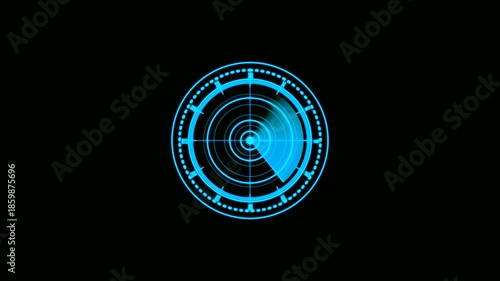 Target blue neon radar targeting display with concentric rings and directional markings on looping motion on dark background. Useful for sci-fi visuals, HUD designs etc., 