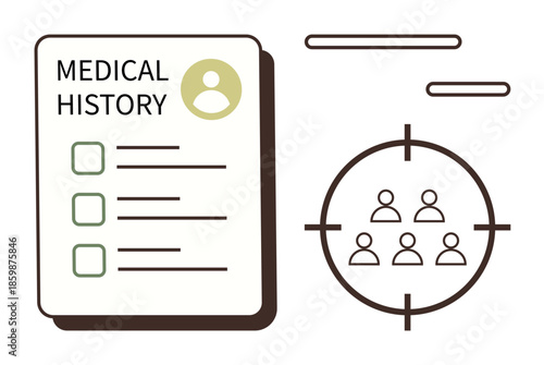 Medical record document with checklist and person icon next to group focus in target. Ideal for healthcare, analytics, diagnostics, research, precision medicine, patient data, simple flat metaphor