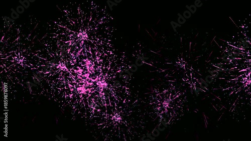 Celebrate New Year firework light in visualization of colorful pink neon dust particles exploding in dynamic motion background.