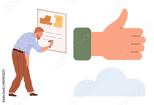 Man focusing on a planning board with sticky notes, large thumbs-up highlighting approval, cloud symbolizing ideas. Ideal for teamwork, productivity, planning, success, creativity, feedback