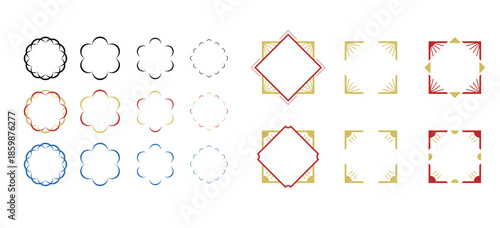 和風の花模様フレームと幾何学模様の飾り枠セット。梅や菊をイメージしたミニマルなモチーフ。年賀状、結婚式の招待状、和菓子のパッケージデザインに最適なベクター素材。