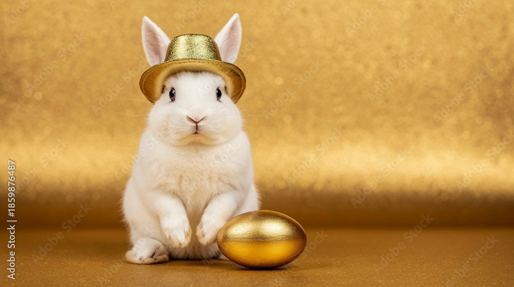 Fototapeta premium White Easter bunny wearing hat with a big golden egg on gold bokeh background.