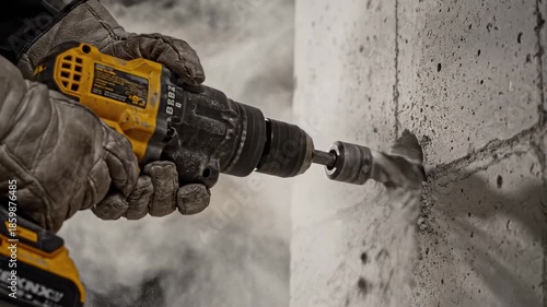 Gloved hands operate a corded rotary drill with hole saw cutting into concrete, sending dust flying
