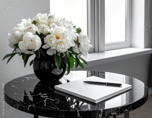 white hydrangeas, flowers, elegant, home, house, table, light, window, paper, pen, tablet, deck, style, interior design, decor