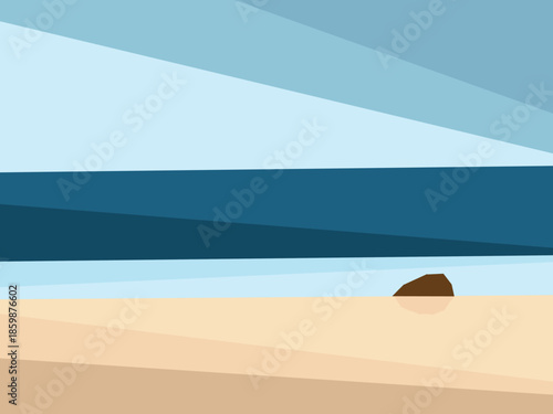 Minimalist illustration of a serene beach landscape with calm blue waters and sandy shore under a clear sky, perfect for peaceful design concepts
