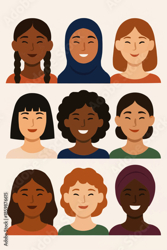 Inclusive Multi-Ethnic Women Portraits Women's Day Flat Vector