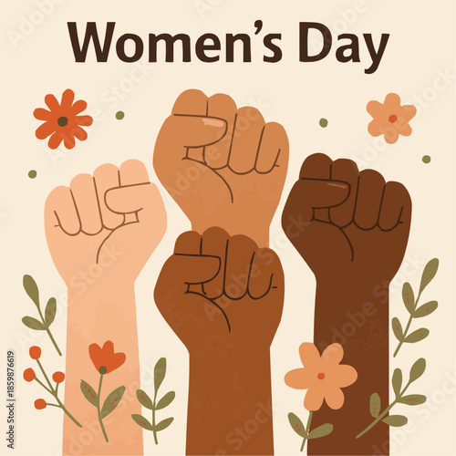 Strong Women Raised Fists Women's Day Vector Illustration