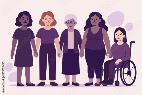 Diverse Women Standing Together for International Women's Day Flat Vector Illustration