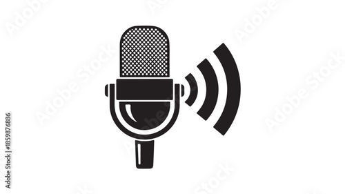 Microphone Icon in Simple Monochrome Design with Sound Waves on White Background for Podcasting