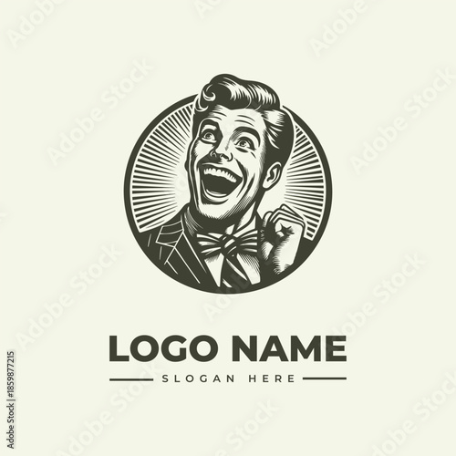 A circular illustration of a cheerful man with a bow tie and suit, laughing, with a sunburst pattern behind him, accompanied by a logo name and slogan on a plain background.