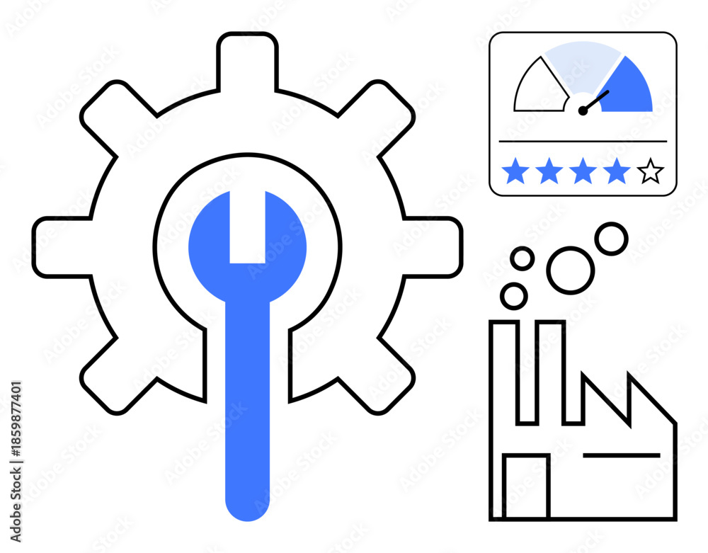 Obraz premium Industrial maintenance concept. Gear and wrench symbols for machinery upkeep, paired with icons quality assurance and factory production. For manufacturing, maintenance, production, quality control
