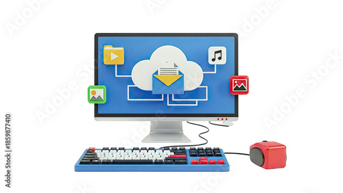 Cloud computing with icons for data, email, media, and images