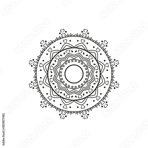 Intricate black and white circular mandala design with detailed floral and geometric patterns