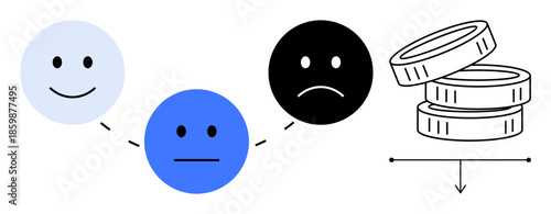 Emotional well-being, financial stability, decision-making, behavioral analysis, risk management, economic choices. happy faces mood shifts next to coin stacks. Emotional well-being and financial