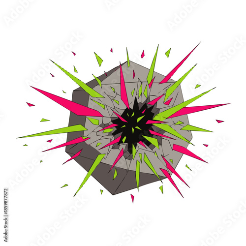 A dynamic abstract illustration showcases a grey polygonal form explosively shattering, sending bright pink and lime green shards flying from its dark core.