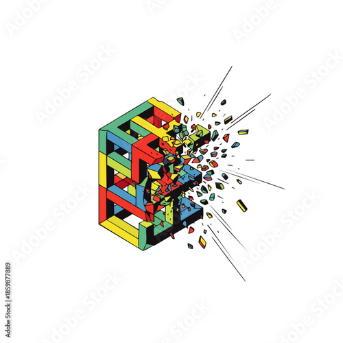 Abstract geometric cube structure shattering into colorful fragments, symbolizing destruction and change on a white background.