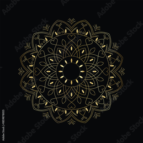 Intricate golden mandala design on a dark background showcasing detailed symmetrical patterns
