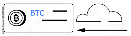 Bitcoin transaction concept. Bitcoin symbol and cloud graphics for digital currency transfer. Bitcoin s cryptocurrency exchange, blockchain technology, virtual wallet, secure payment. Usage fintech