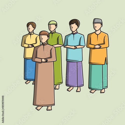 Group of Muslim Men Praying Together in Traditional Clothing Illustration