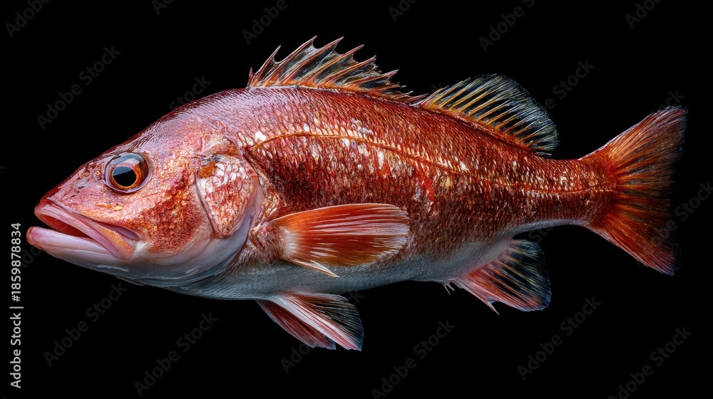 Fototapeta premium A fish with bright scales and fins swims through dark water. Its features are clear and vibrant showing the natural colors of the fish in the underwater environment.