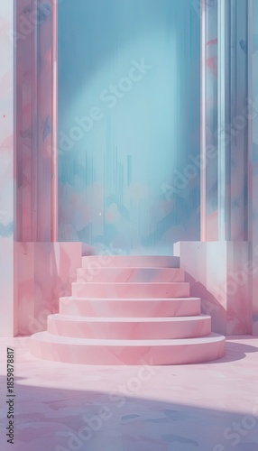 Stunning Pink Marble Steps Leading to a Dreamlike Entrance in a Serene Environment