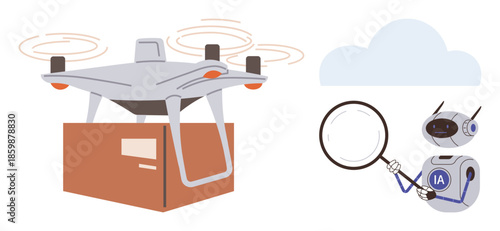 quadcopter carrying package in flight monitored by AI robot with magnifying glass. Ideal for innovation, logistics, AI technology, automation, delivery system, robotics, and data analysis. Simple