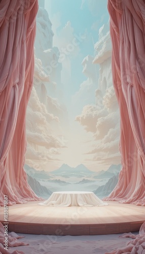 Majestic Stage Setup, Dreamy Landscape, Ethereal Clouds, Artistic Illustration, Serene Environment, Wide-Angle View, Fantastical Concept