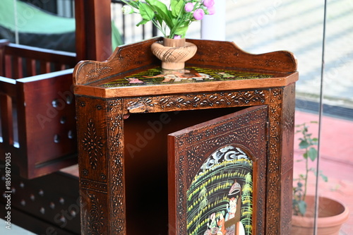corner table-bedside table-storage table-bedroom furniture-beautiful carved-new design-modern furniture-inside view-furmiture-brown