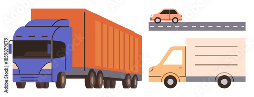 Freight truck, delivery van, and car on a road emphasizing transportation, logistics, shipping, goods delivery, fleet management, trade, and supply chain in a simple flat metaphor