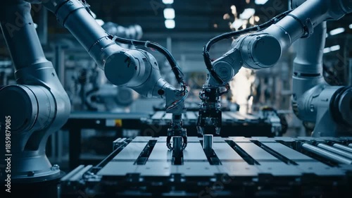 Industrial robotic arms meticulously assemble precision parts on dimly lit automated production line