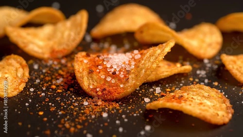 Crispy seasoned potato chips scattered on dark surface, coarse salt and red spice crystals. visible