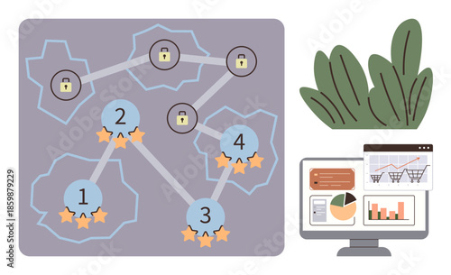 Connected nodes with locks and star ratings, performance metrics displayed on a computer, and abstract plants. Ideal for cybersecurity, data flow, ratings system, analysis, privacy, network design