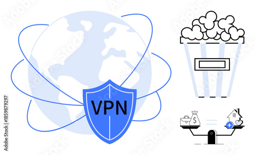 VPN concept. VPN for secure global internet browsing and private streaming. VPN ensures online protection and balanced financial transactions. For security, media, fintech, and privacy