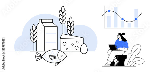 Food production. Elements of food production and sustainability illustrated with dairy, fish, and analytics. Food supply and data play a major role for nutrition, trends, industries. Key agriculture